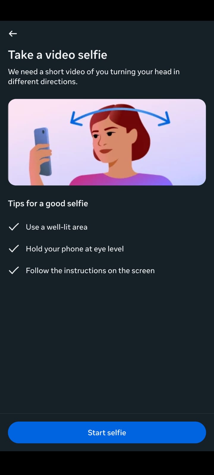 Instagram Take a Video Selfie screen with instructions for identity verification