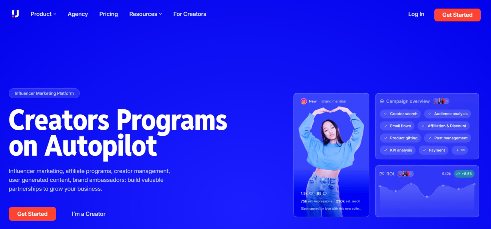 Upfluence influencer marketing platform homepage showcasing creator management, campaign automation, affiliate programs, brand partnerships, and ROI analytics.