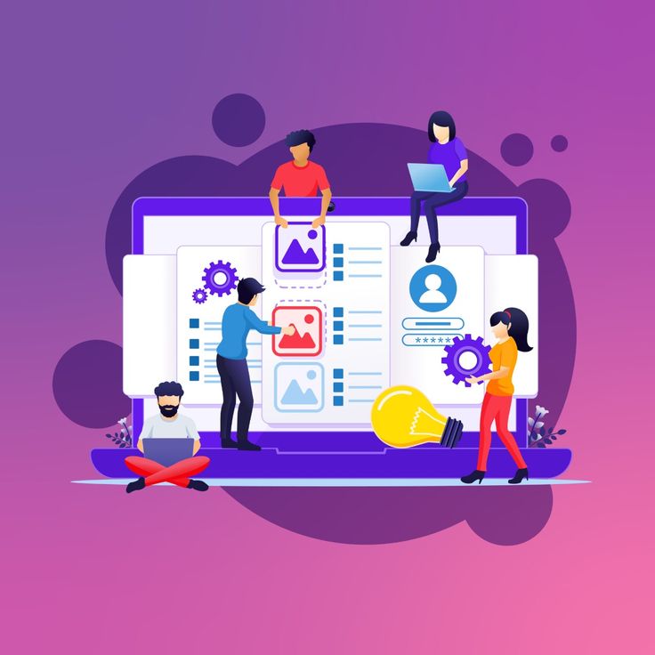 An illustrated group of professionals collaborates around a large laptop to build and manage digital content and user interfaces. Against a vibrant purple gradient background, the team handles various elements like image blocks, gears, and a glowing lightbulb to represent creative problem-solving and technical execution.