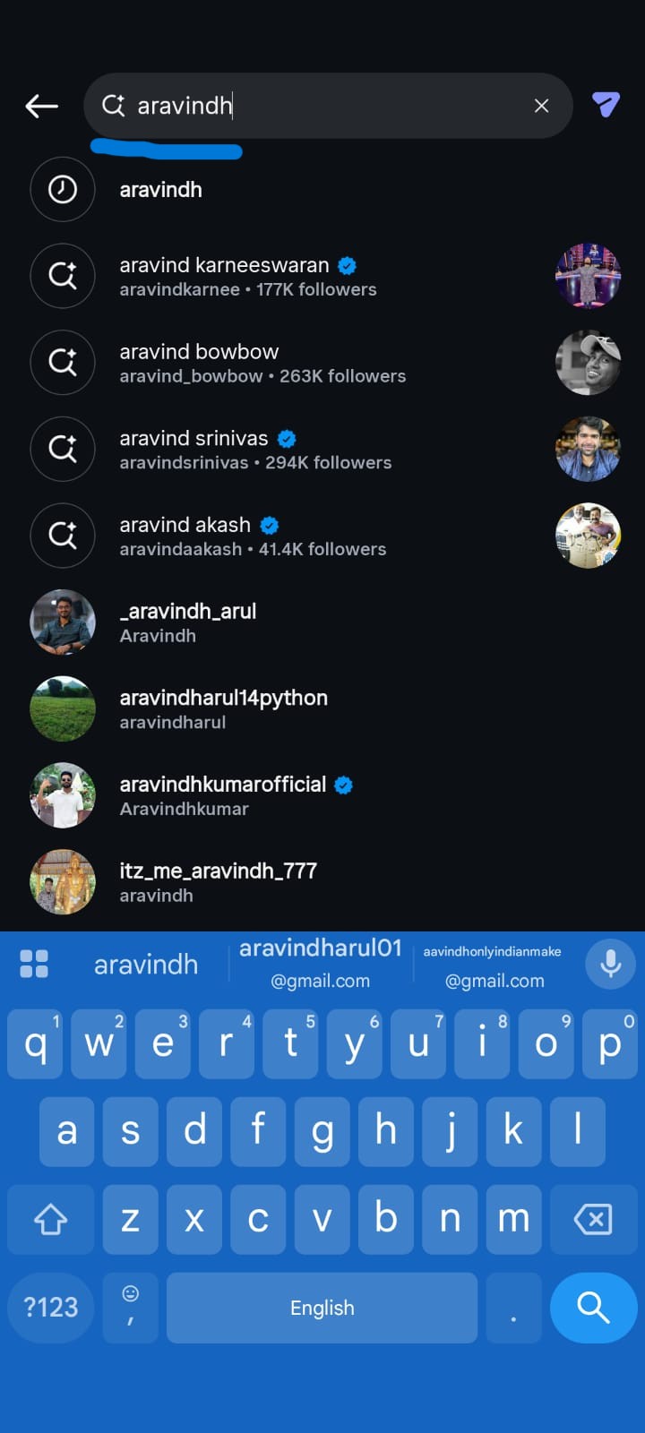 Instagram Search screen in dark mode with the query