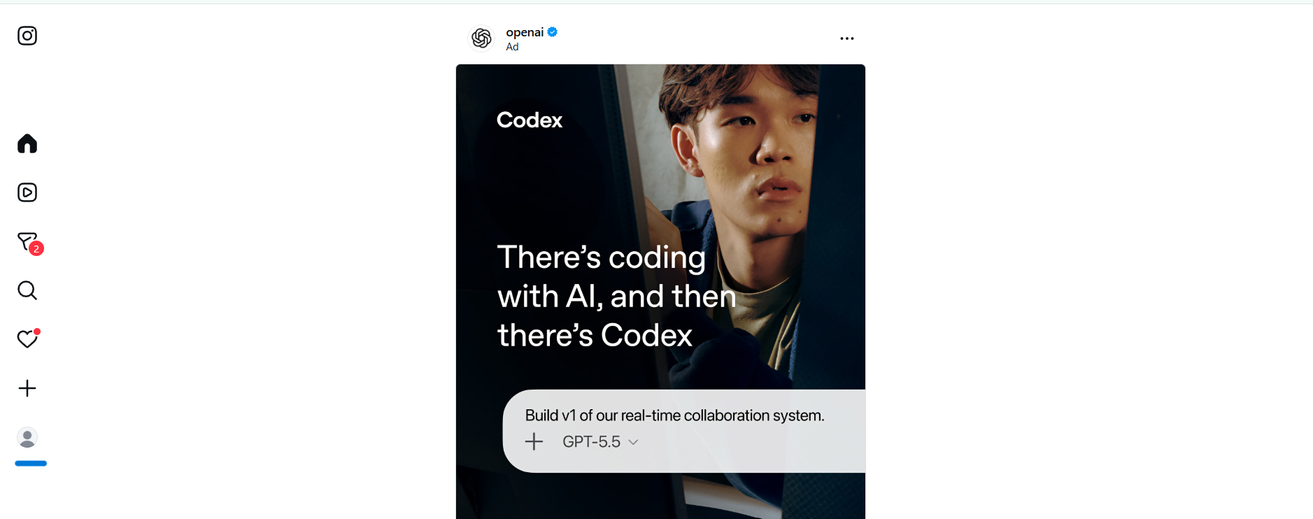 Instagram desktop home feed displaying a sponsored OpenAI advertisement for Codex. The ad features a person looking toward a computer monitor with the headline