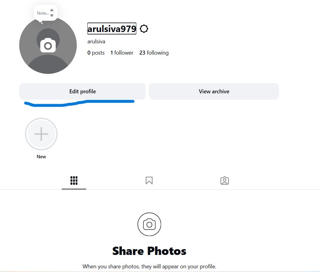 Instagram profile page for a new account showing the username arulsiva979 with no posts, 1 follower, and 23 following. The profile includes a default profile picture, Edit profile and View archive buttons, a New story highlight, and an empty profile grid with a Share Photos prompt encouraging the user to upload their first post.