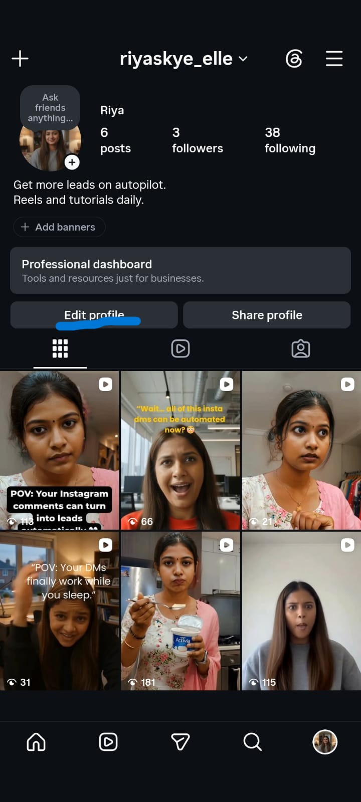 Instagram profile screenshot showing a creator account with six Reels focused on Instagram lead generation and DM automation, featuring a professional dashboard, profile statistics, and a grid of short-form tutorial videos about converting comments and DMs into leads.