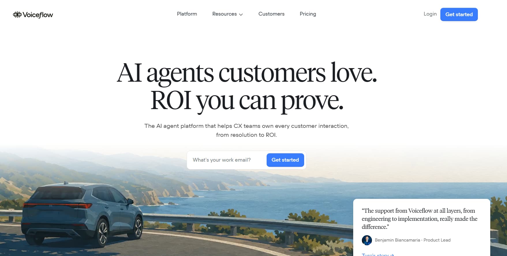 Voiceflow website hero section promoting AI agents for customer experience teams, with a coastal road and car background, work email signup form, and customer testimonial.