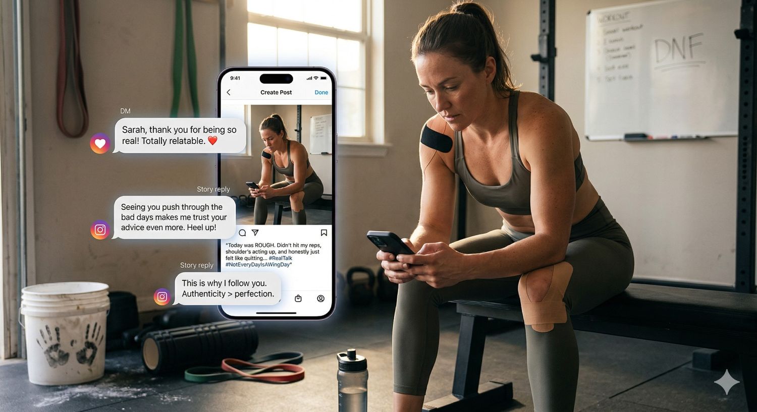 Digital illustration of a female athlete sitting on a gym bench, appearing vulnerable and tired, while her smartphone displays supportive DMs and story replies praising her authenticity and relatability.