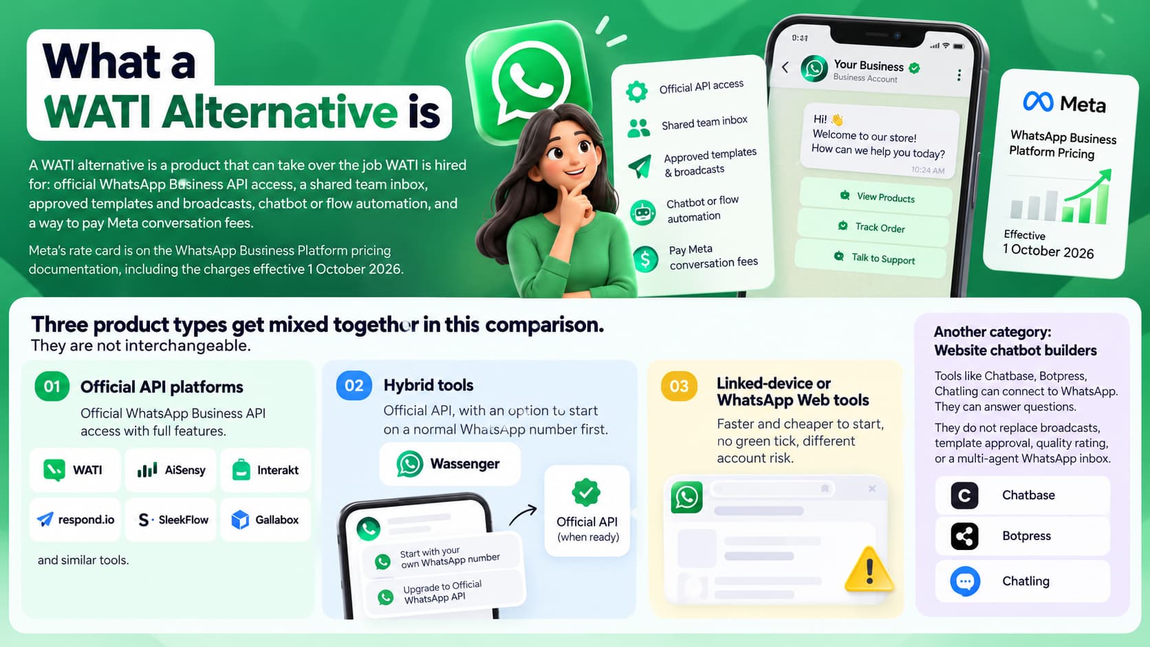 WATI alternatives comparison showing official WhatsApp API platforms, hybrid tools, linked-device solutions, chatbot builders, team inboxes, broadcasts, automation, and Meta conversation fees.