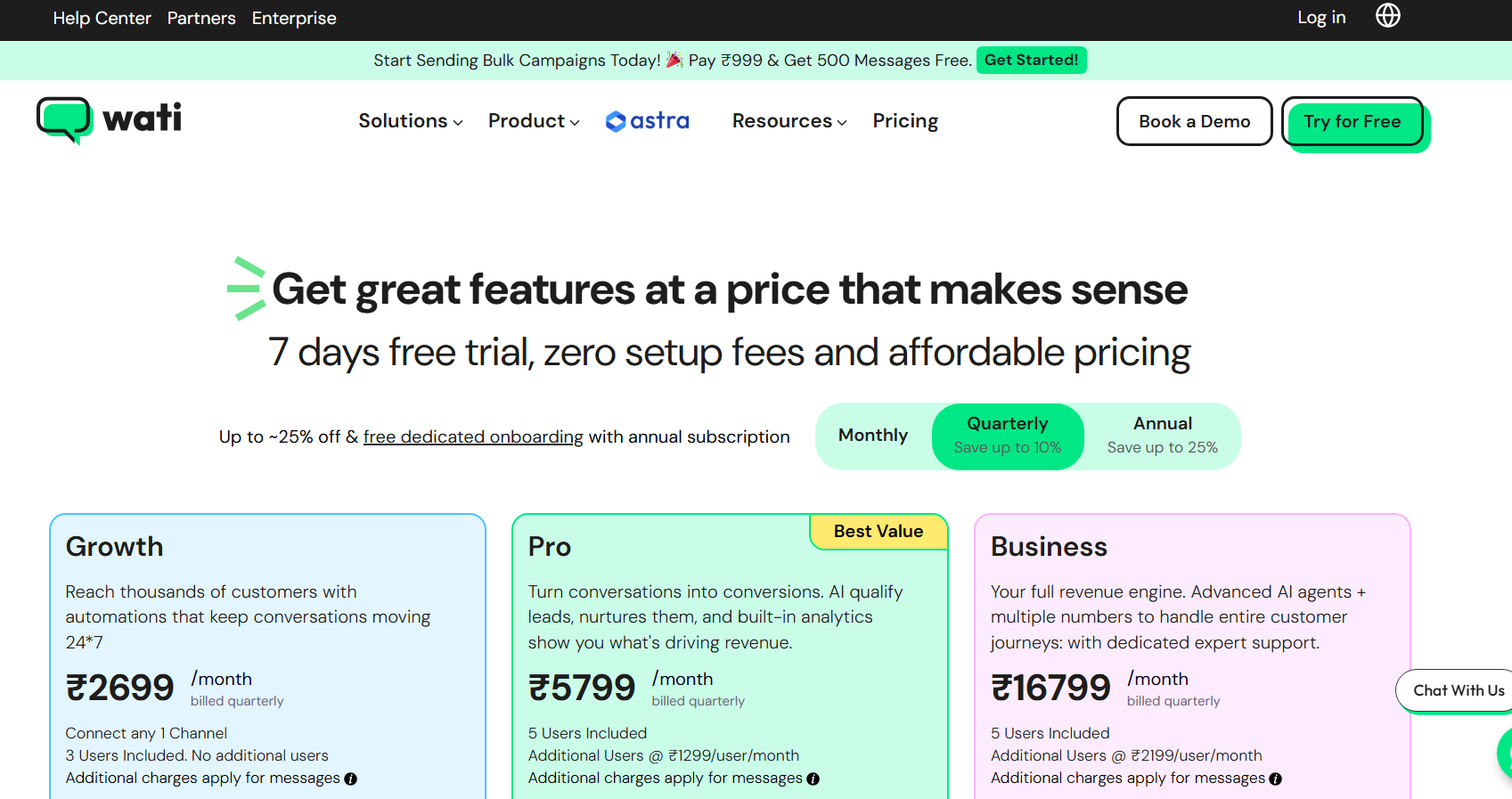 WATI pricing page showing Growth, Pro, and Business plans with monthly pricing, features, and billing options.