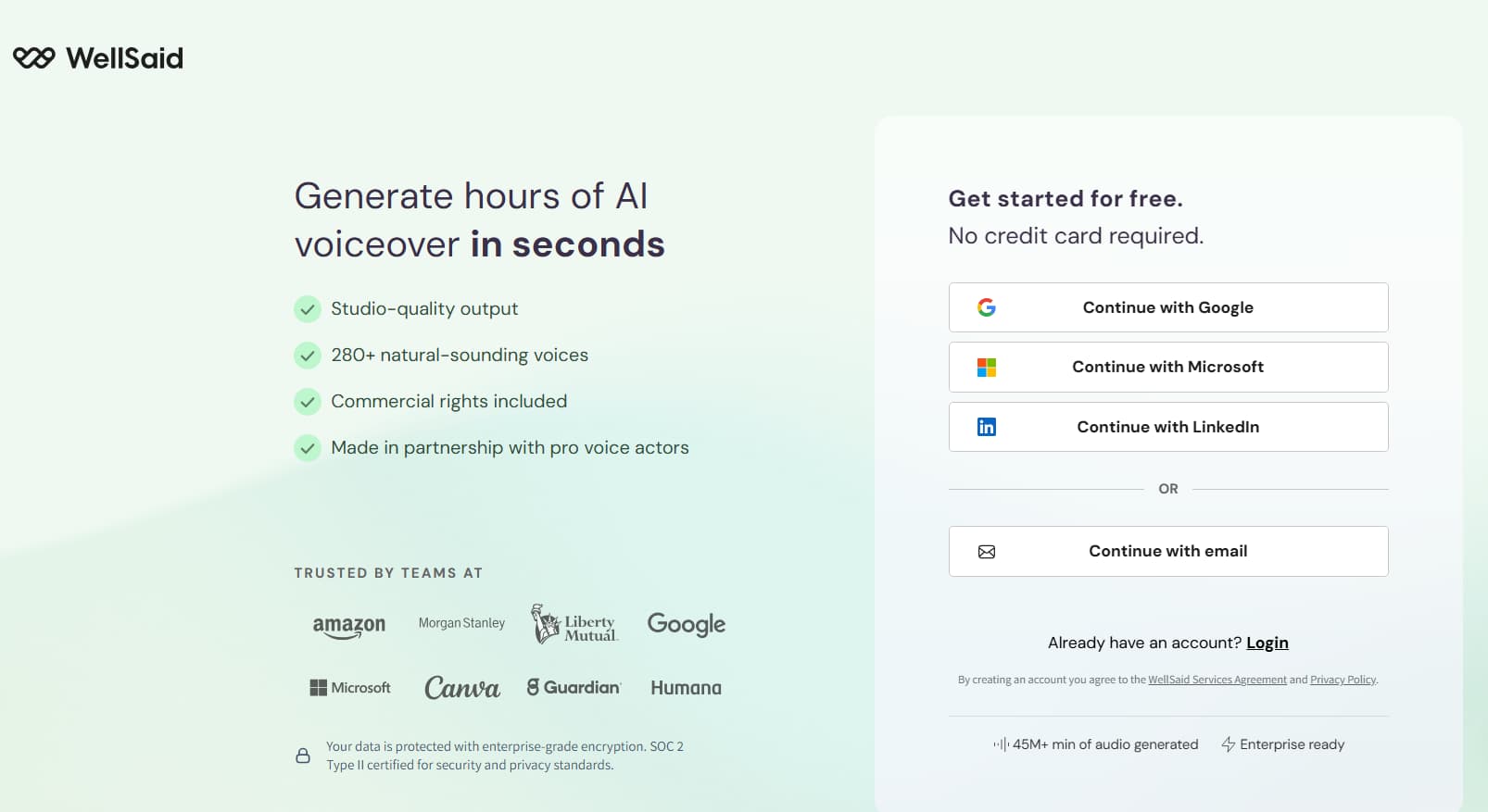 WellSaid AI homepage promoting AI voiceover generation with 280+ natural-sounding voices, commercial rights, enterprise security, and free account signup options.