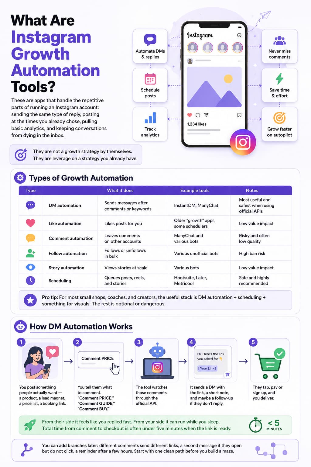 Instagram growth automation infographic showing DM automation, post scheduling, analytics, automation types, and a five-step comment-to-DM workflow.