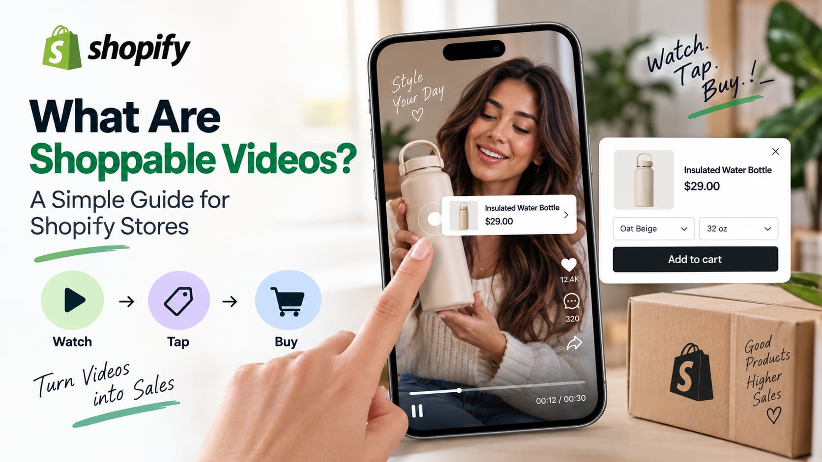 Hero image illustrating shoppable videos for Shopify, showing a shopper tapping a tagged product in a mobile video to view product details, select variants, and add an insulated water bottle to cart.