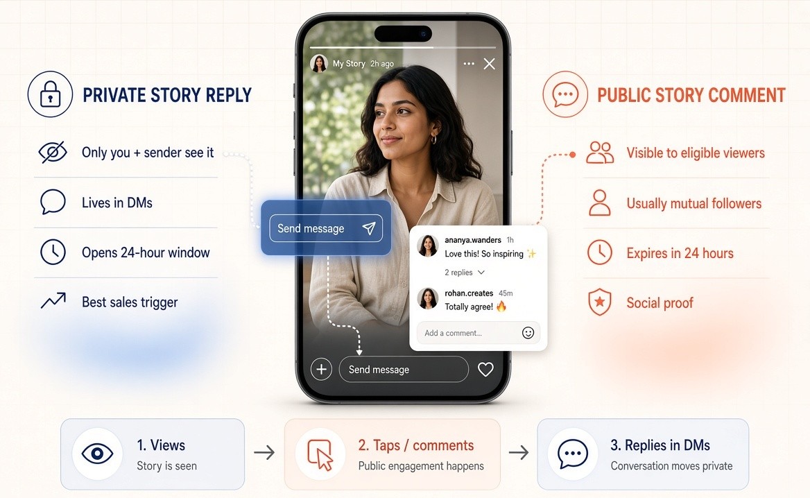 Infographic comparing Instagram private Story replies and public Story comments. Left: replies stay in DMs, only you and the sender see them, and they open a 24-hour window. Center: a Story with Send message plus public comments. Right: comments are visible to eligible viewers, usually mutual followers, and expire in 24 hours. Bottom flow: Views → Taps/comments → Replies in DMs.