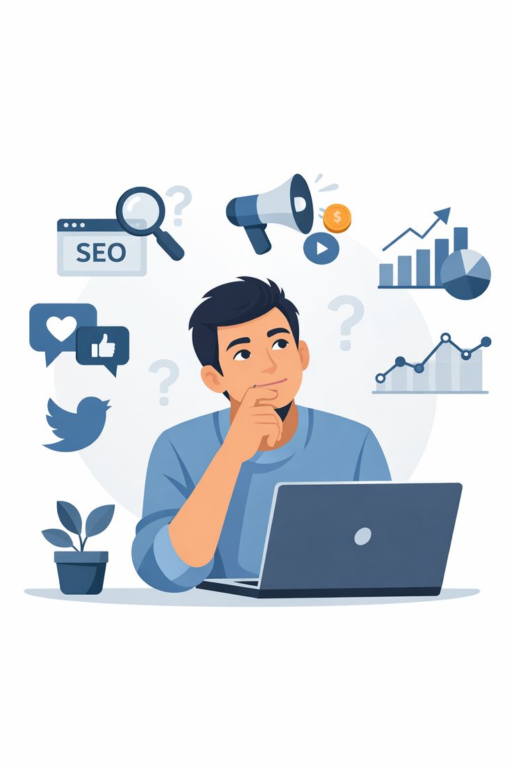 A flat vector illustration of a young man sitting at a desk in front of an open laptop, looking upward thoughtfully with his hand resting on his chin. Several faint question marks float around his head. He is surrounded by floating icons representing digital marketing and social media, including a browser window labeled 'SEO' with a magnifying glass, social media engagement bubbles (a heart and a thumbs up), a bird icon similar to Twitter, a megaphone with a coin, and upward-trending bar and line graphs. A small potted plant sits on the desk to his left.