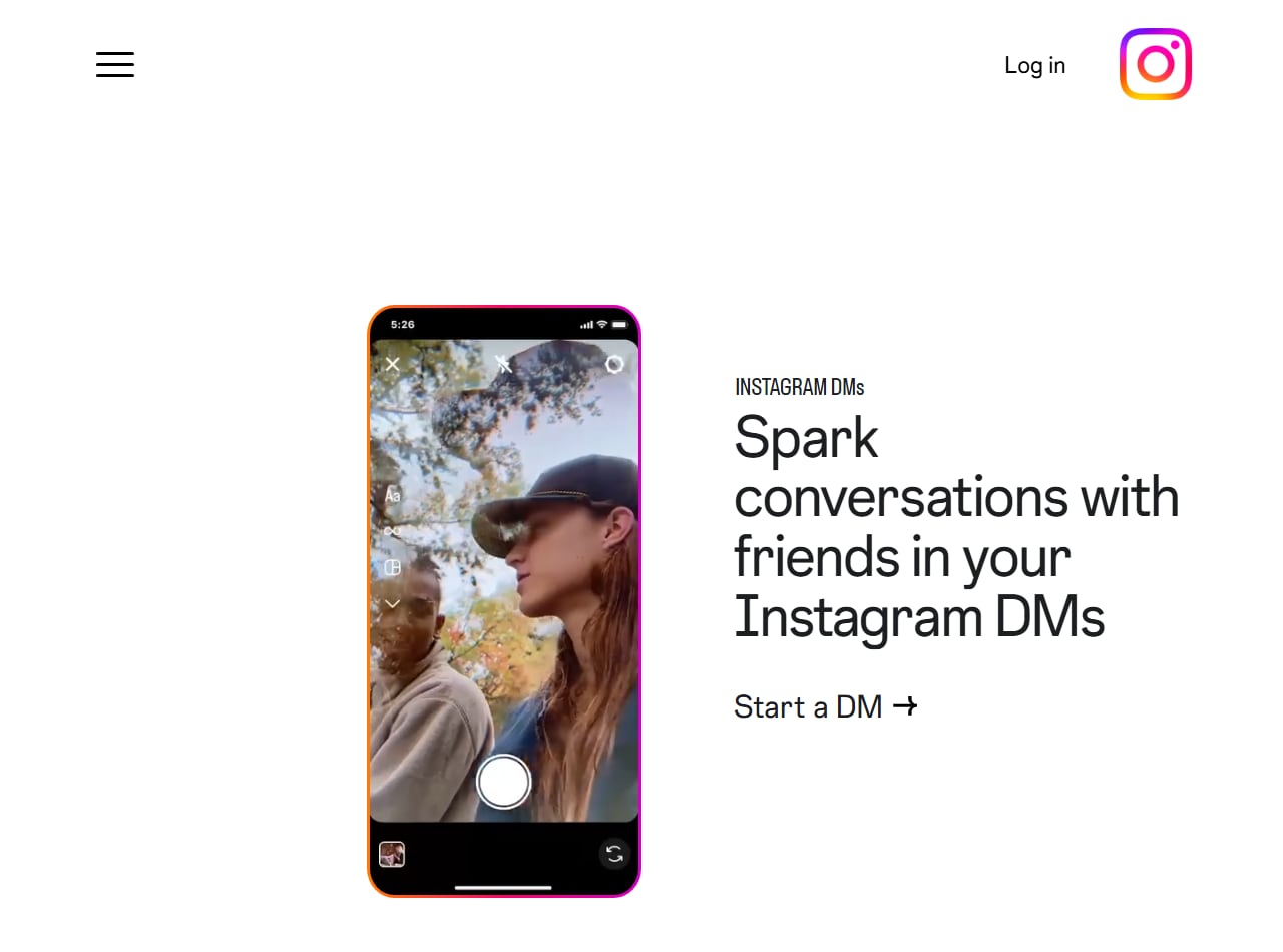 Instagram's features page for DMs with the label Instagram DMs, the headline Spark conversations with friends in your Instagram DMs, and a Start a DM link beside a phone showing the camera