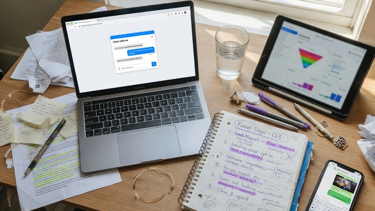 Notebook of funnel steps next to a laptop chat widget and a phone