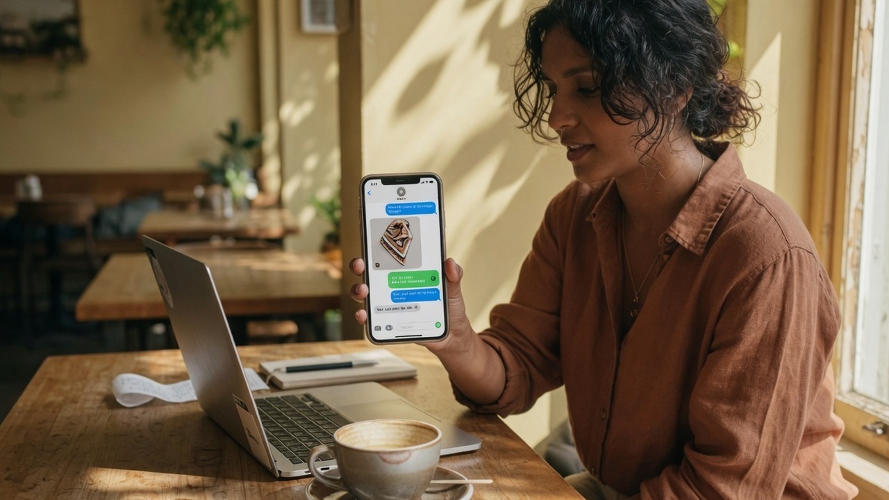 Small business owner comparing chat tools on a phone at a cafe