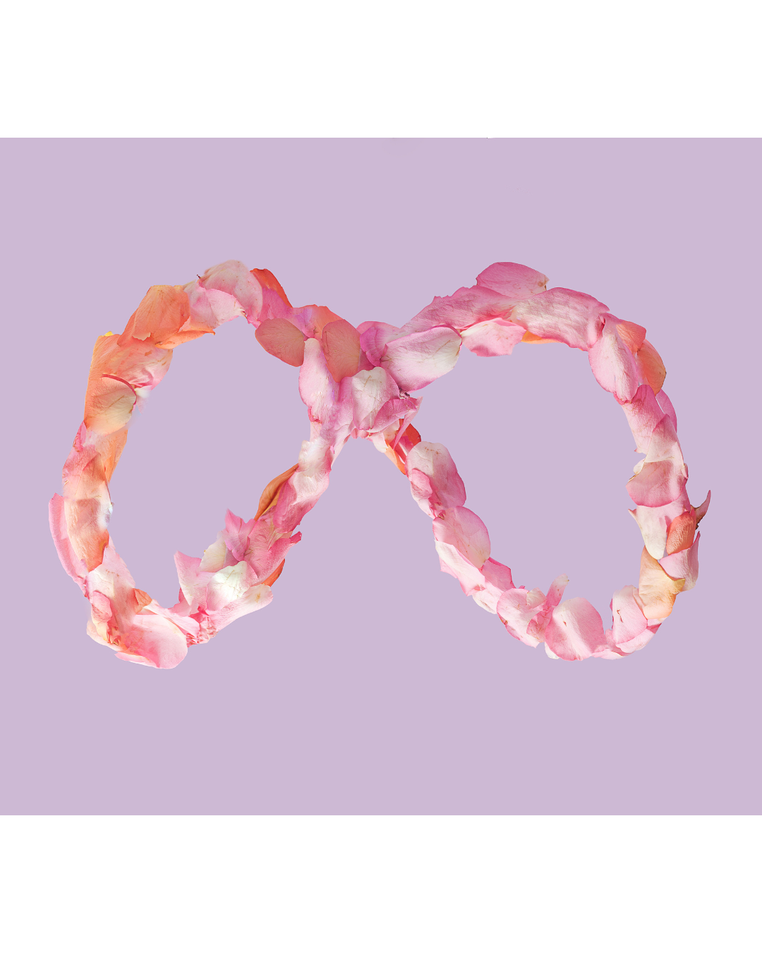 Pink and soft orange flower petals arranged on a light purple background to form the shape of the Meta logo infinity loop.