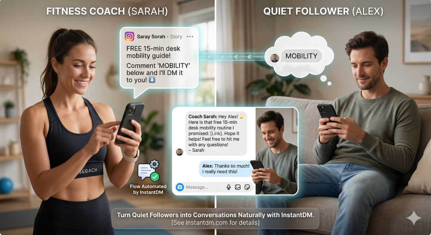 Split-screen infographic titled "Turn Quiet Followers into Conversations Naturally" showing Fitness Coach Sarah offering a "MOBILITY" guide on her Story, which triggers an automated DM to a quiet follower named Alex, sparking a genuine 1-on-1 interaction.