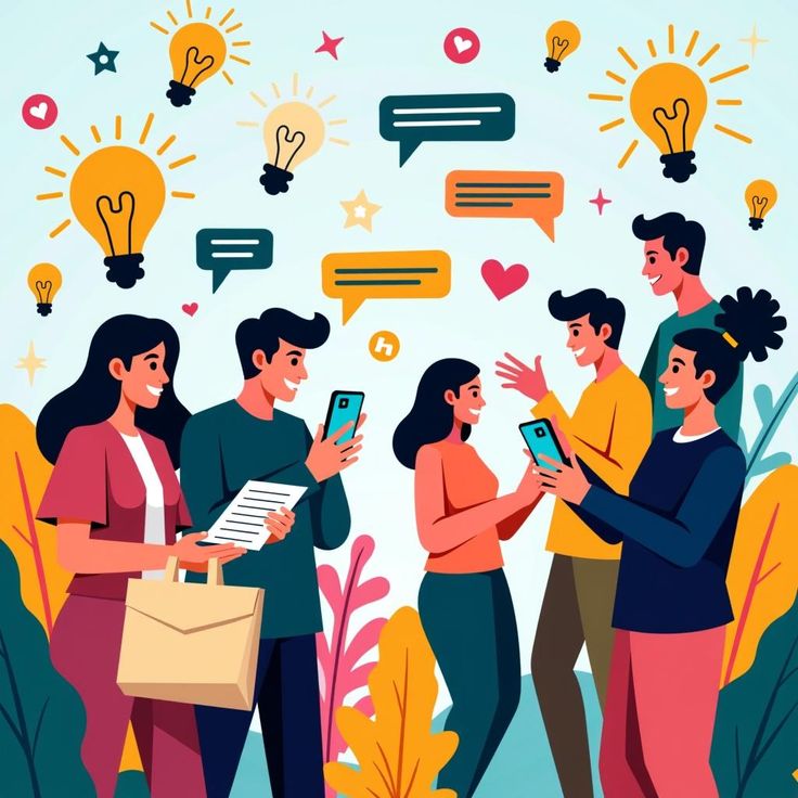 A colorful illustration of a diverse group of people networking, looking at smartphones, and sharing ideas, surrounded by floating lightbulbs and speech bubbles.