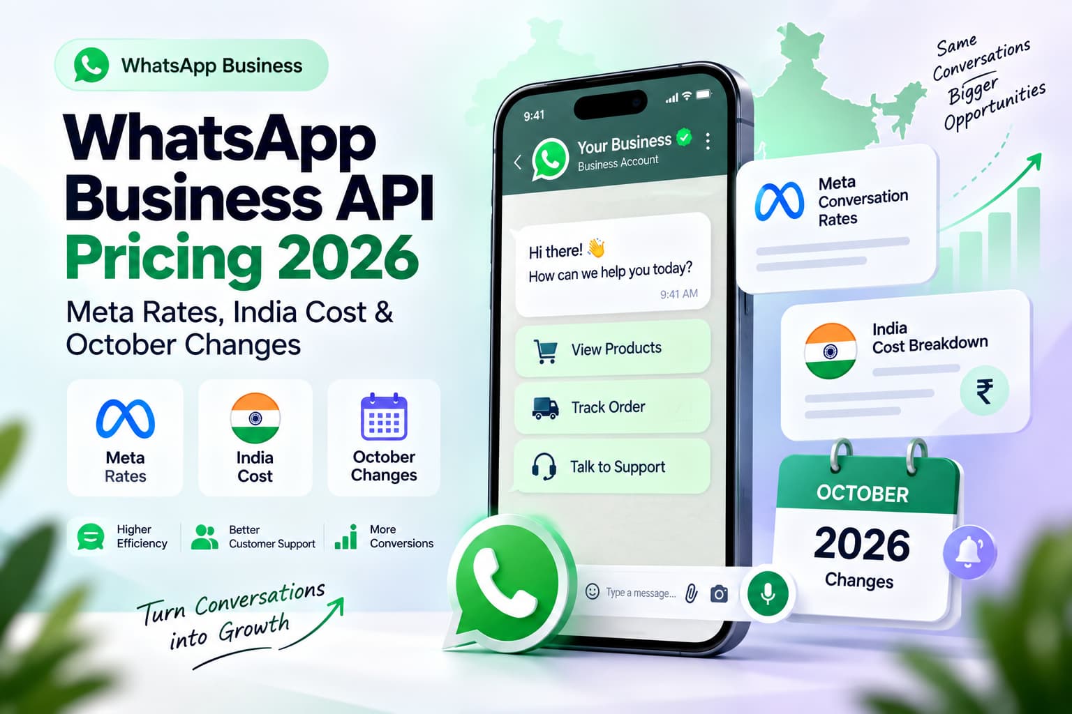 WhatsApp Business API pricing 2026 infographic showing Meta conversation rates, India cost breakdown, and October 2026 pricing changes alongside a WhatsApp Business smartphone interface.