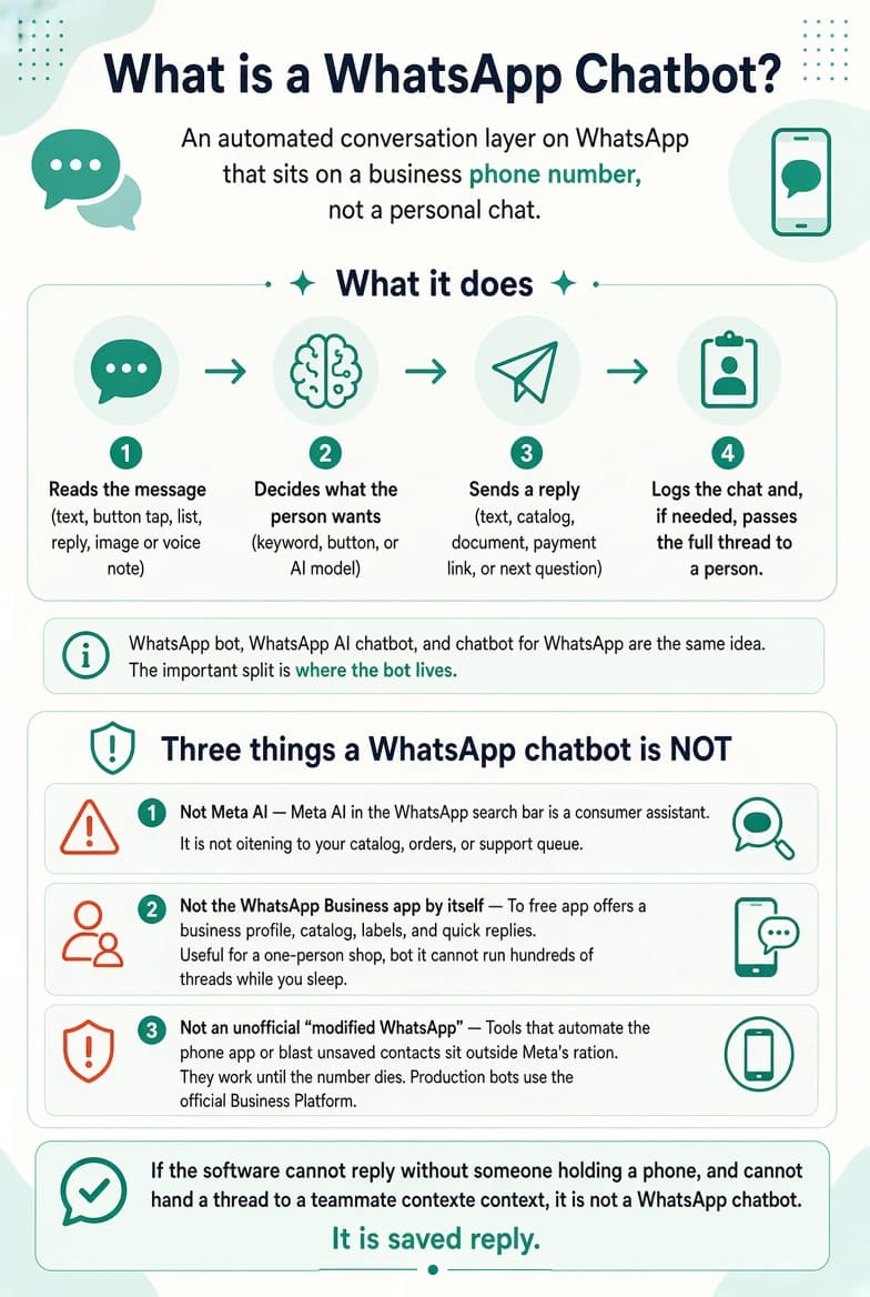 “Infographic titled ‘What is a WhatsApp Chatbot?’ explaining it as an automated conversation layer on a business phone number. Shows four steps: reads the message, decides intent, sends a reply, and logs or hands off the chat. Section lists three things it is not: Meta AI, the WhatsApp Business app alone, and unofficial modified WhatsApp tools. Closing statement: if it cannot reply without a person holding a phone and cannot hand off with context, it is only a saved reply.”