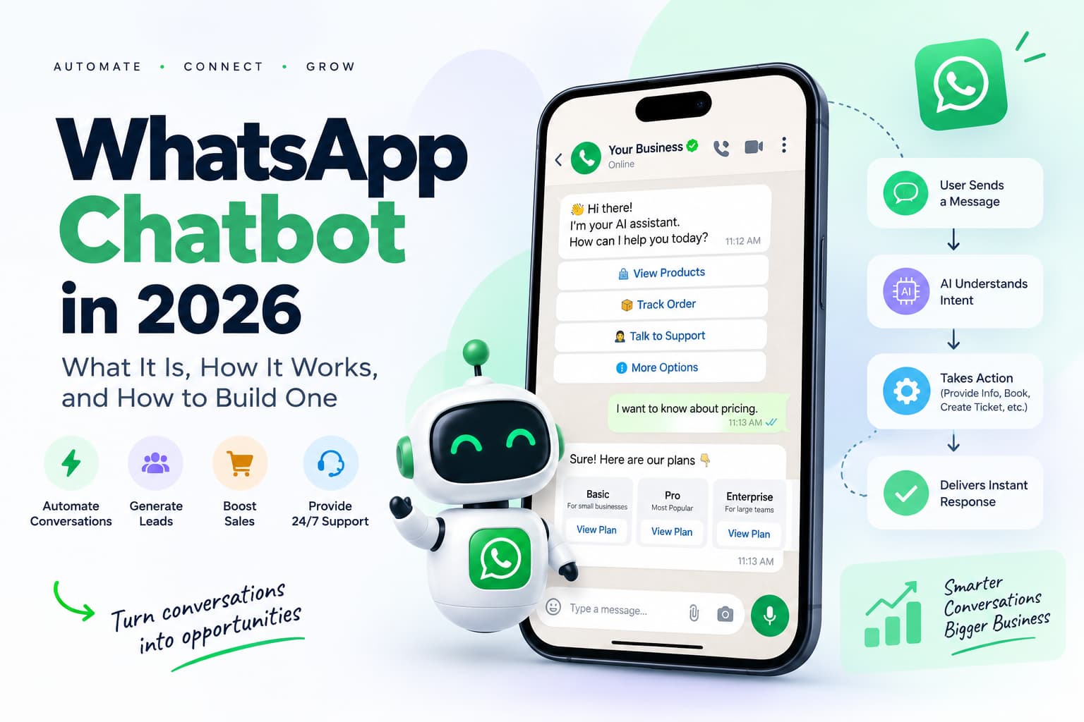 WhatsApp chatbot in 2026 showing AI-powered automated conversations, instant replies, lead generation, sales support, and customer service through a business chat interface.