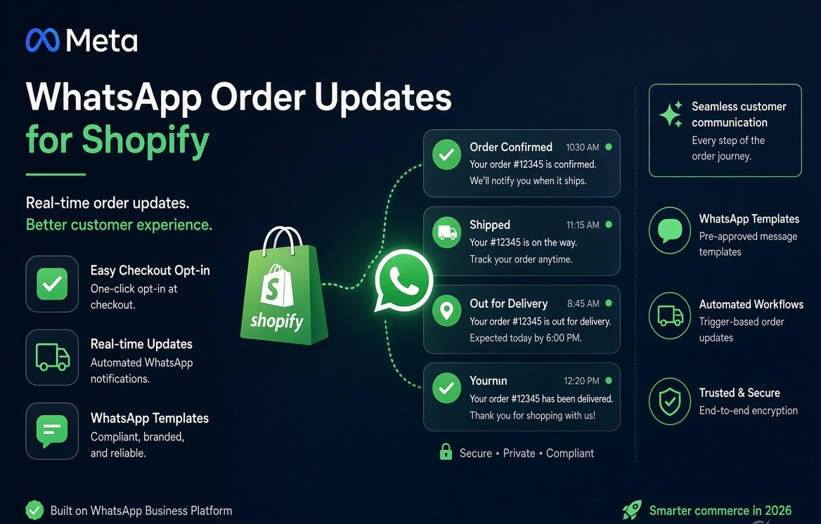 WhatsApp Order Updates for Shopify by Meta – real-time order status messages (Confirmed, Shipped, Out for Delivery, Delivered) connected between Shopify and WhatsApp with checkout opt-in and template features