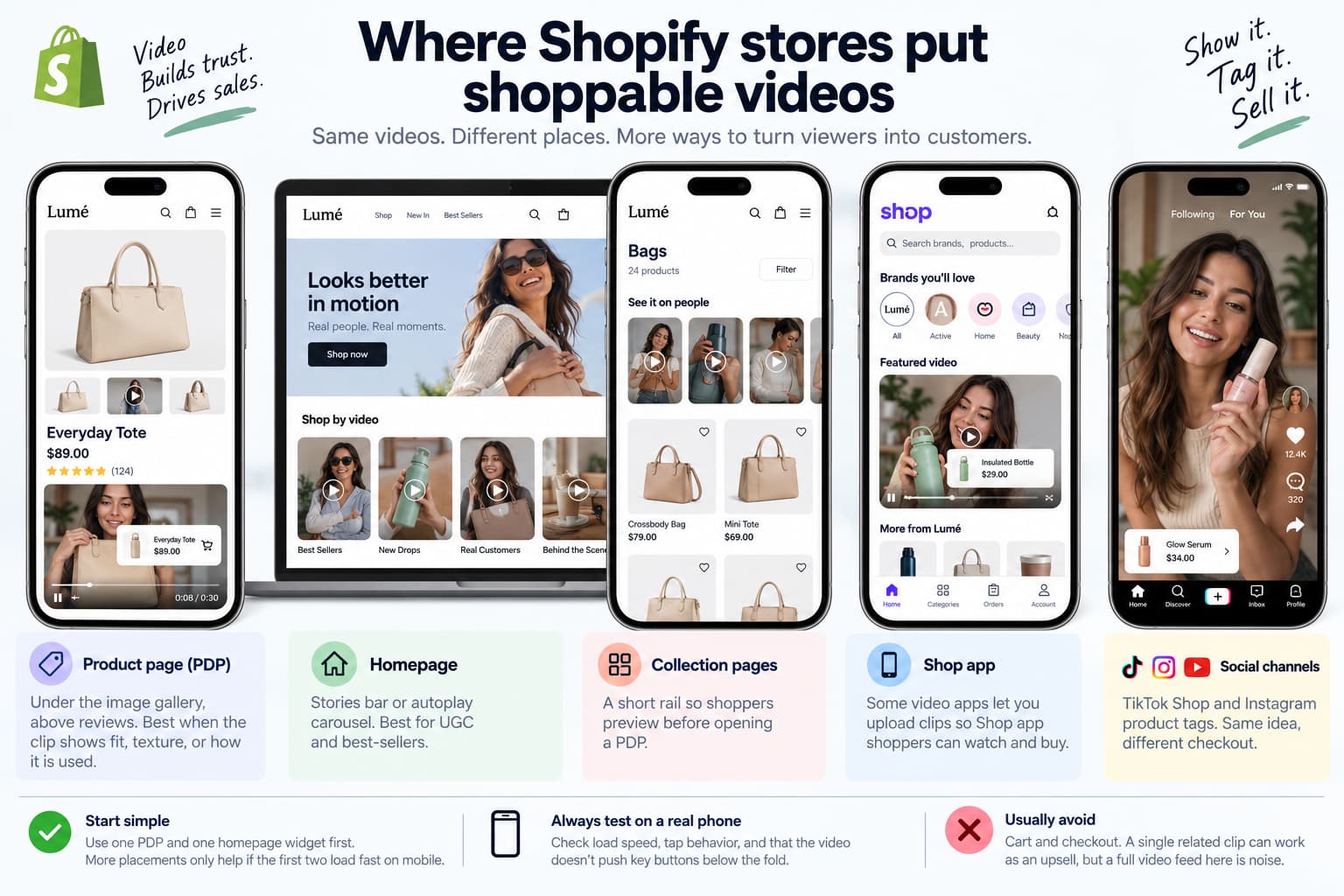 Infographic showing five common Shopify shoppable video placements: product pages, homepage, collection pages, the Shop app, and social channels, with guidance to start with PDP and homepage videos, test on mobile, and avoid cluttering cart or checkout pages.