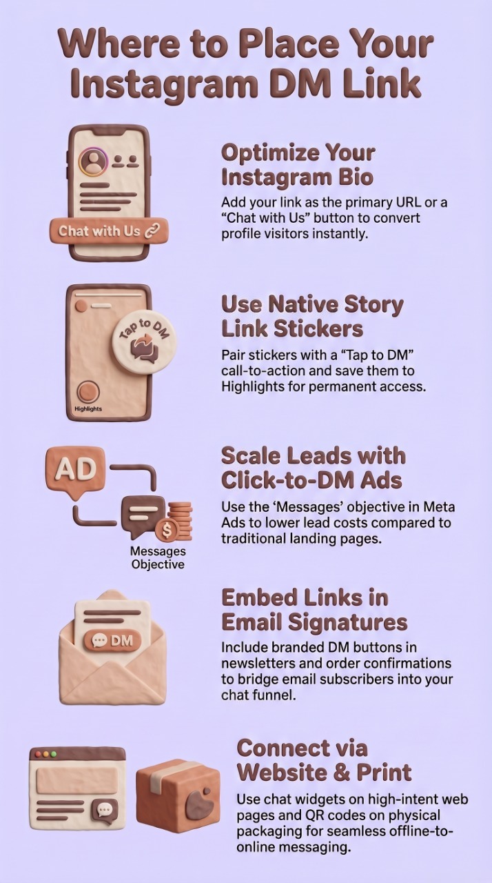 Infographic titled "Where to Place Your Instagram DM Link" featuring soft 3D clay-style illustrations and five strategies for increasing Instagram direct messages. Sections include: optimizing your Instagram bio with a chat link, using story link stickers with a "Tap to DM" call-to-action, running click-to-DM ads through Meta's Messages objective, embedding DM links in email signatures, and connecting website visitors and offline customers through chat widgets and QR codes. The design uses pastel purple and beige tones with mobile, ad, email, and website-themed icons.