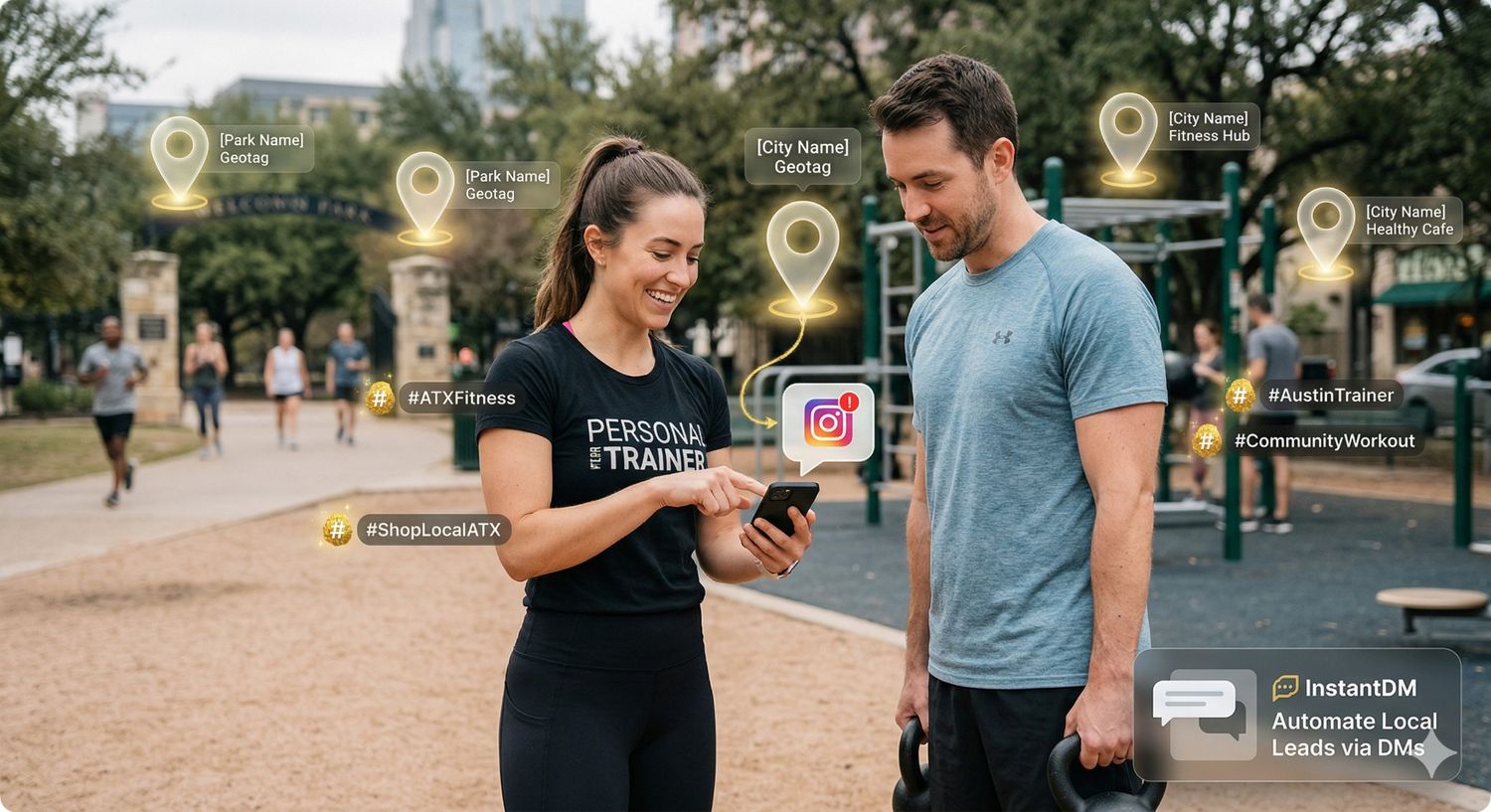Digital illustration showing a female personal trainer and her client in a park, with glowing geotags and local hashtags like "#AustinTrainer" hovering in the air to demonstrate how InstantDM automates local lead generation.