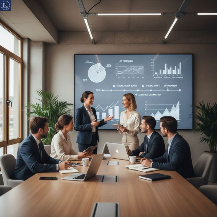A professional team sits around a wooden conference table, engaged in a meeting in front of a large screen displaying social media analytics and growth charts. Two women stand at the head of the table leading the presentation, while colleagues follow along with laptops and notebooks in a modern, sunlit office.