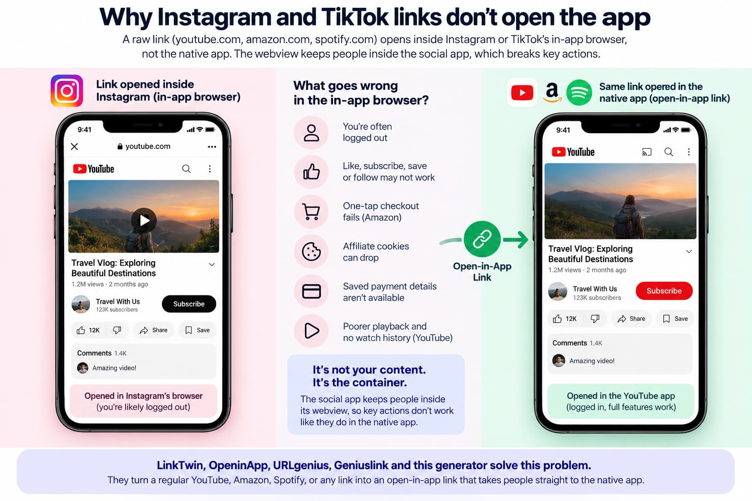 Step-by-step infographic showing how to make a YouTube link open in the YouTube app from Instagram using an open-in-app link generator, including copying the URL, generating the link, sharing it on Instagram, and browser fallback.