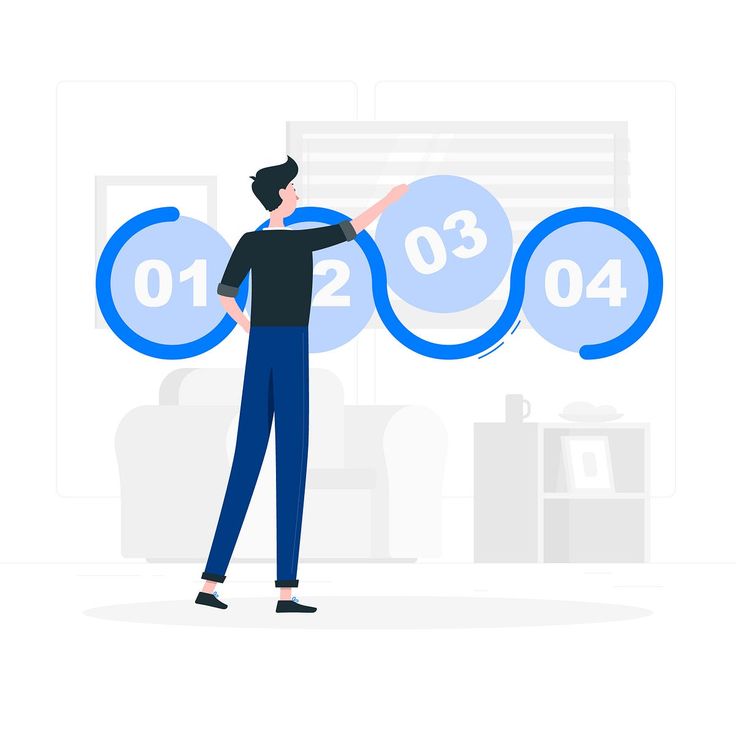 A flat-style illustration featuring a person with their back to the viewer, interacting with a floating blue sequence of four numbered circles (01 to 04) connected by a wavy line. The person is dressed in a black shirt and dark blue pants, reaching out to touch circle 03. The background consists of a minimalist, light gray room setting with a window, a sofa, and a side table.