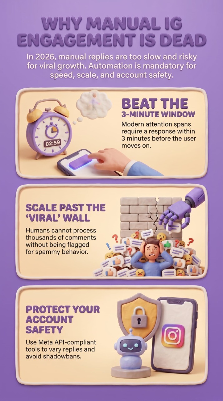 Infographic titled “Why Manual IG Engagement Is Dead” on a purple background with clay-style illustrations. The graphic explains why Instagram automation is essential in 2026. The first section, “Beat the 3-Minute Window,” shows an alarm clock and smartphone, emphasizing the need to respond quickly before users lose interest. The second section, “Scale Past the Viral Wall,” depicts a person overwhelmed by comments and reactions while a robotic hand breaks through a wall, illustrating the challenge of managing viral engagement manually.