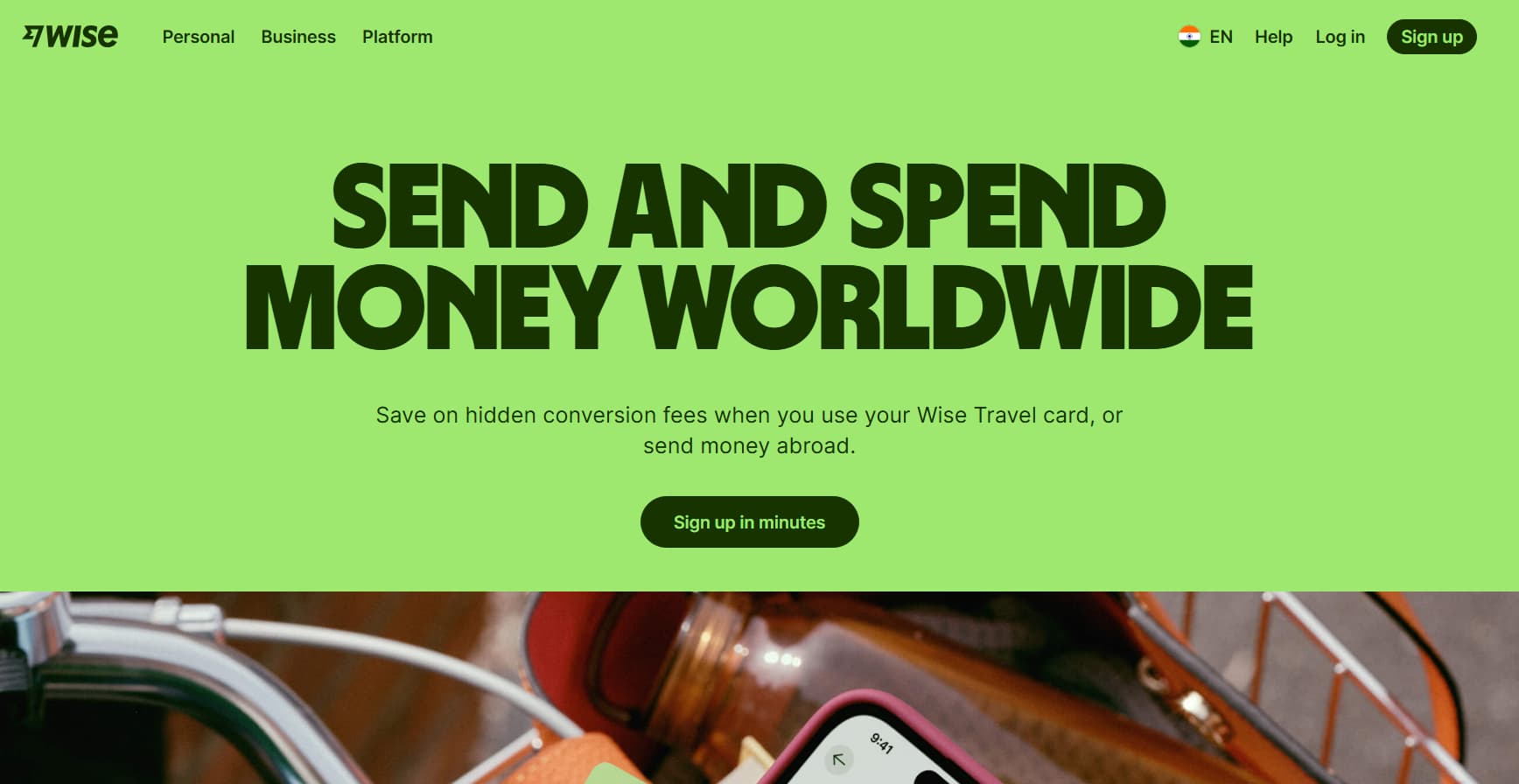 Wise homepage promoting international money transfers and multi-currency spending, featuring the headline