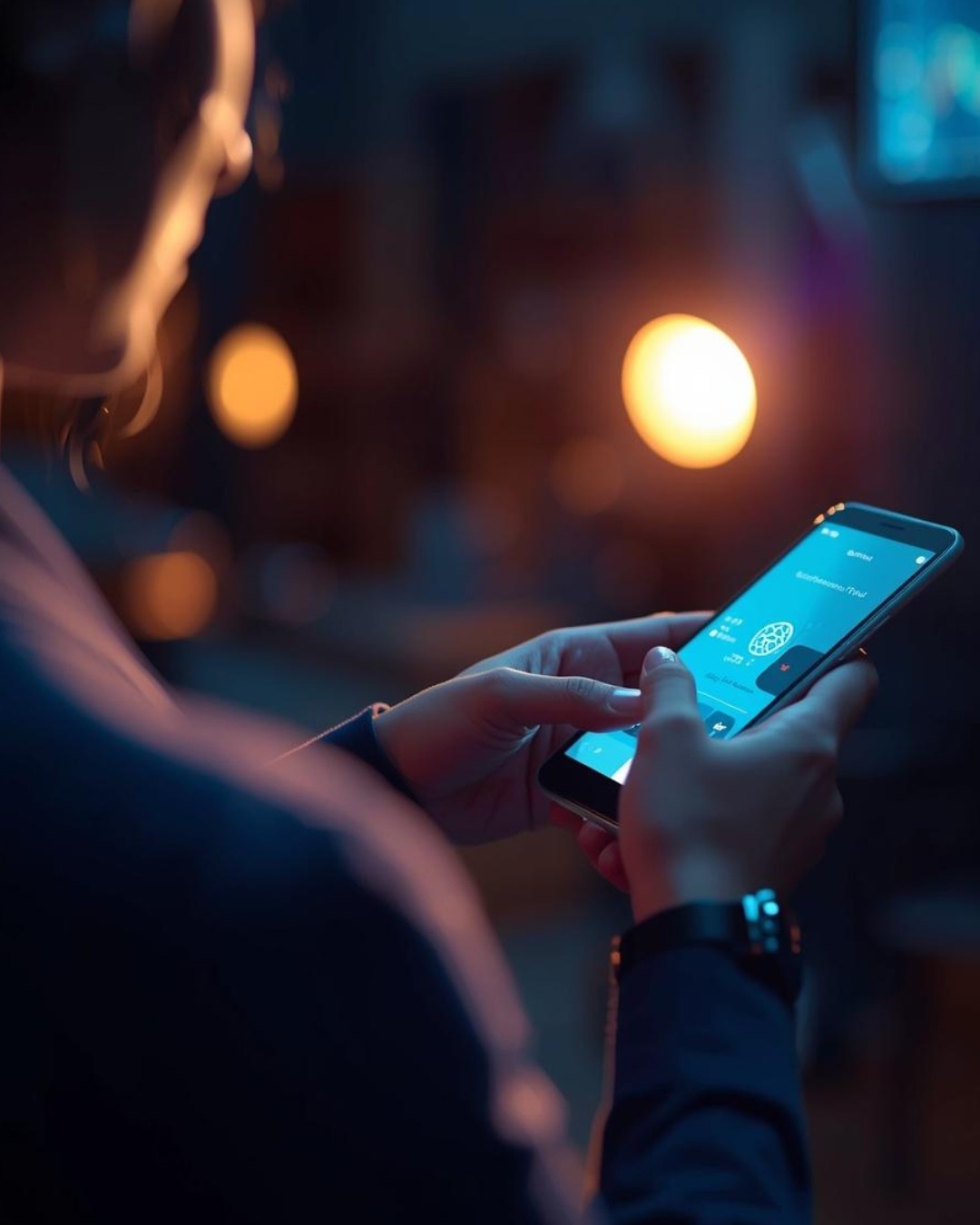 A close-up, cinematic shot of a person's hands holding a glowing smartphone in a dimly lit room with warm bokeh background lights. The phone screen displays a vibrant blue interface with a brain-like icon, suggesting the use of an AI writing or creativity app