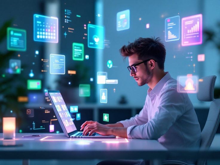 In the image what-is-instagram-direct-the-ultimate-guide-for-growt.jpeg, a young man wearing glasses works on a laptop at a desk illuminated by a futuristic, neon glow. Various translucent digital interfaces, icons, and data visualizations float in the air around him, creating a high-tech, data-driven atmosphere.