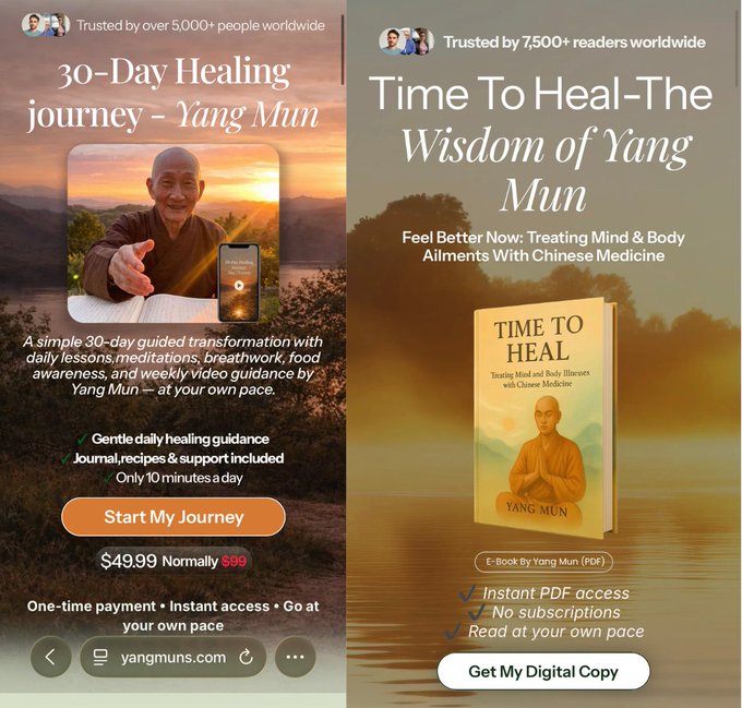 Yang Mun's digital product pages: a $49.99 30-day healing program and a Time To Heal e-book — screenshot shared in Shalev's April 2026 X post
