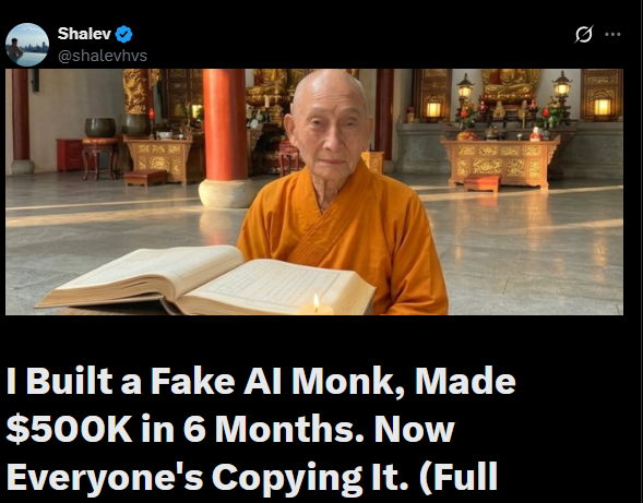 The AI-generated Yang Mun monk character from Shalev's viral X post claiming $500K in 6 months — the case at the center of faceless Instagram automation in 2026.
