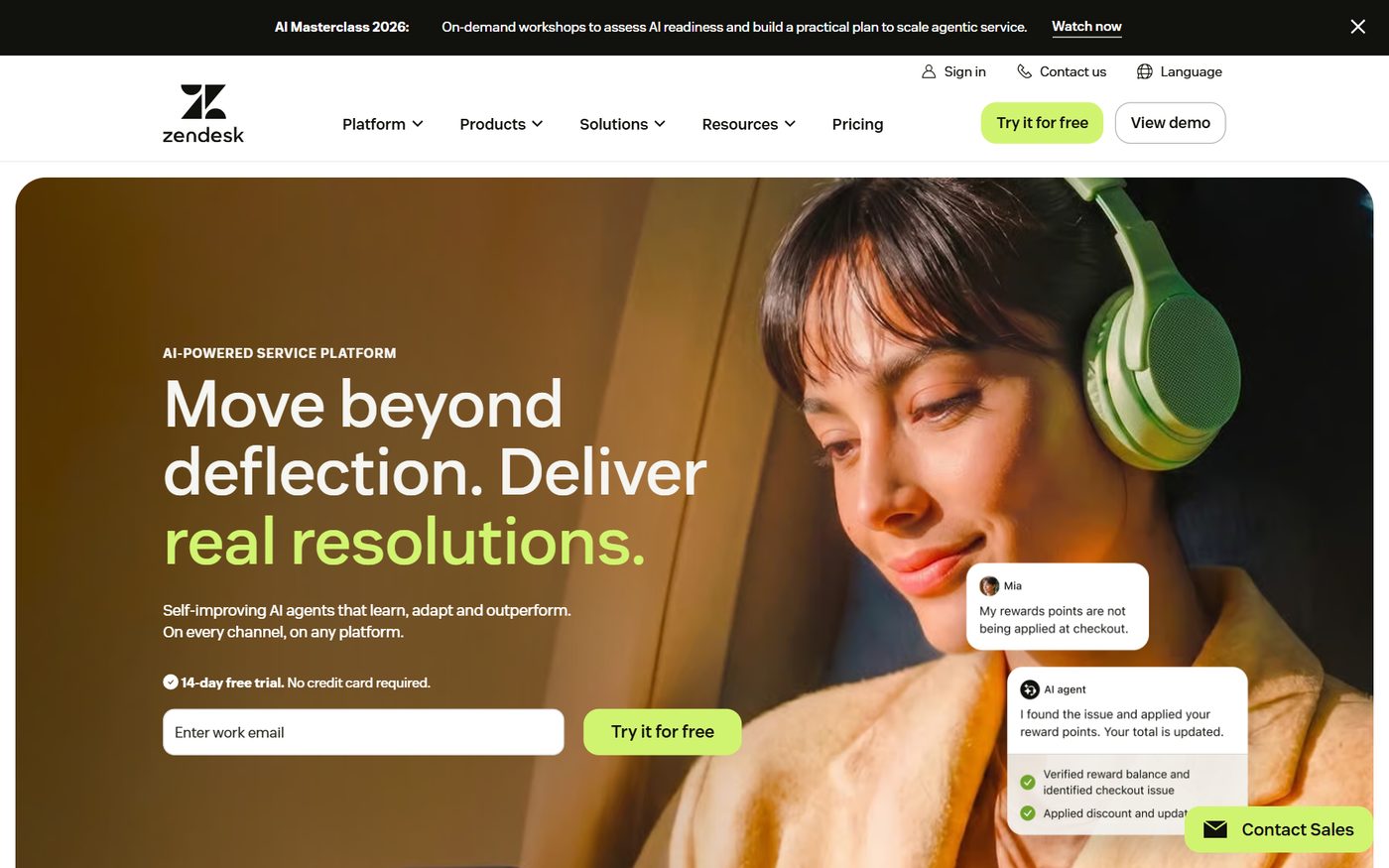 Zendesk homepage screenshot, August 2026
