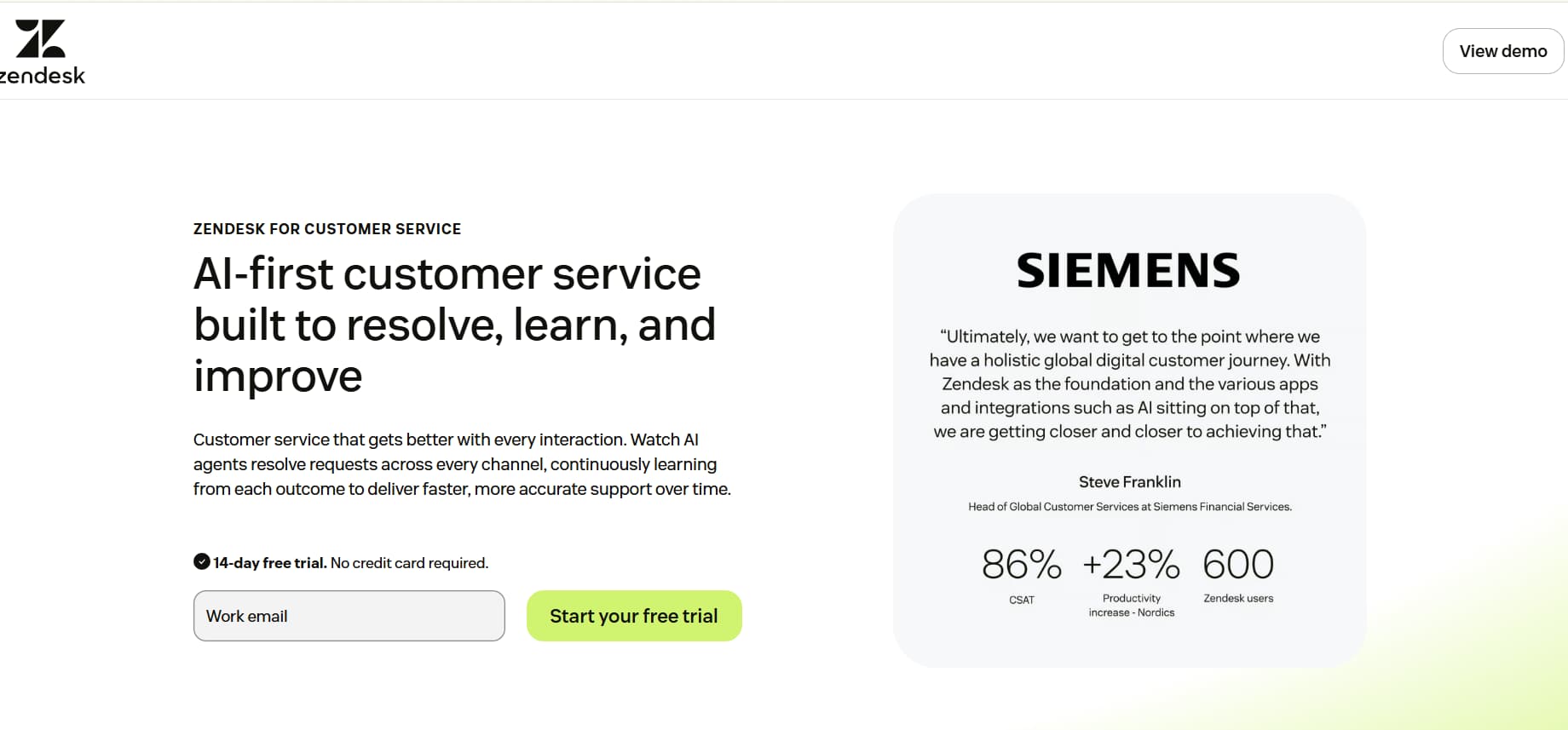 Zendesk customer service landing page showcasing AI-first customer service with AI agents, a free trial, and Siemens customer results.