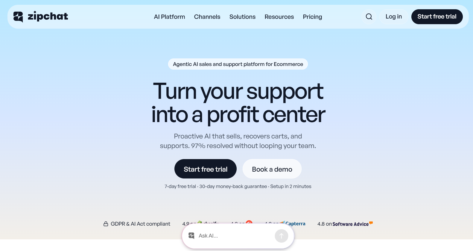 Ziphchat ecommerce AI platform homepage promoting AI-powered sales and customer support, with the headline “Turn your support into a profit center” and buttons for a free trial and demo