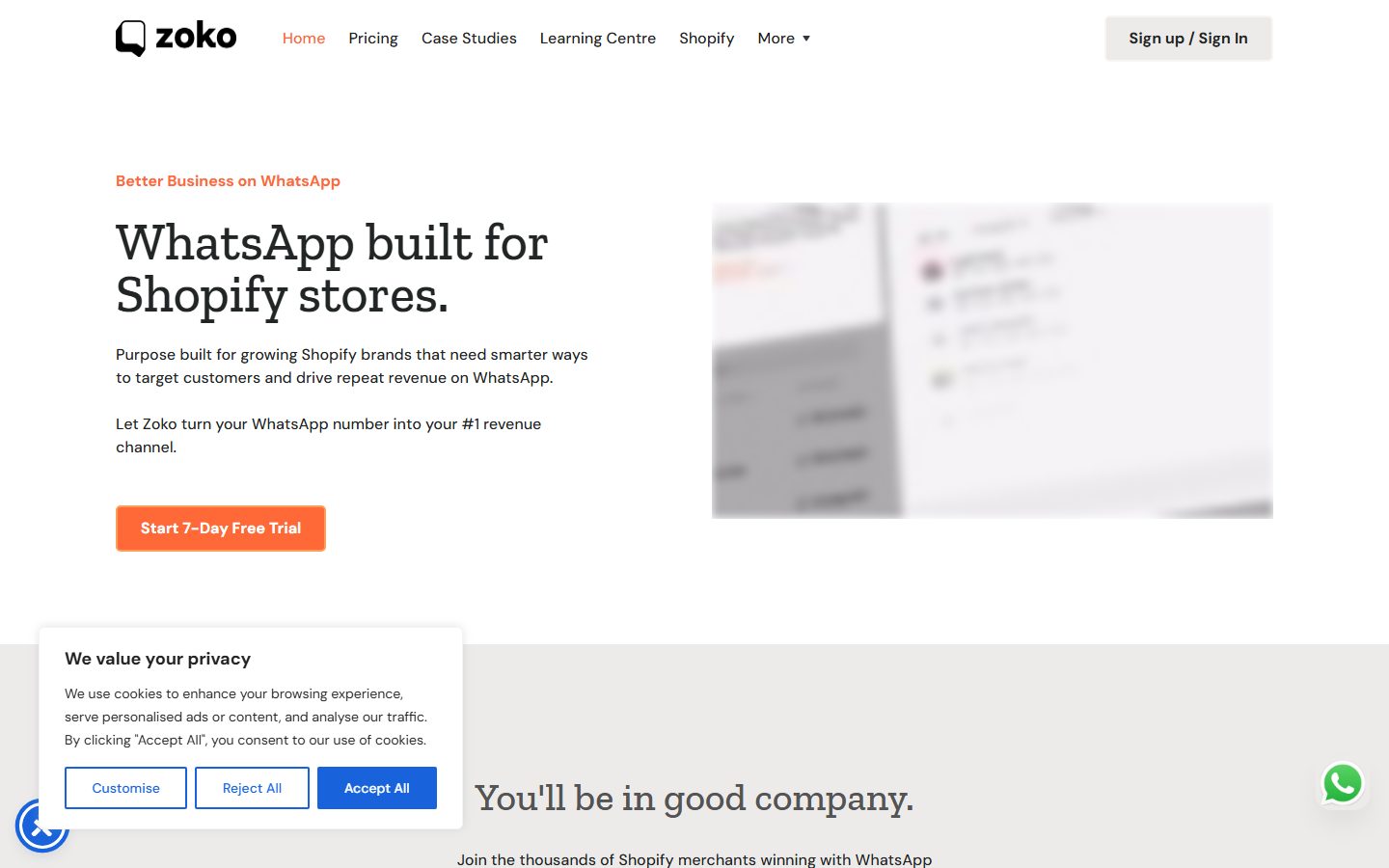 Zoko homepage, August 2026, WhatsApp built for Shopify stores