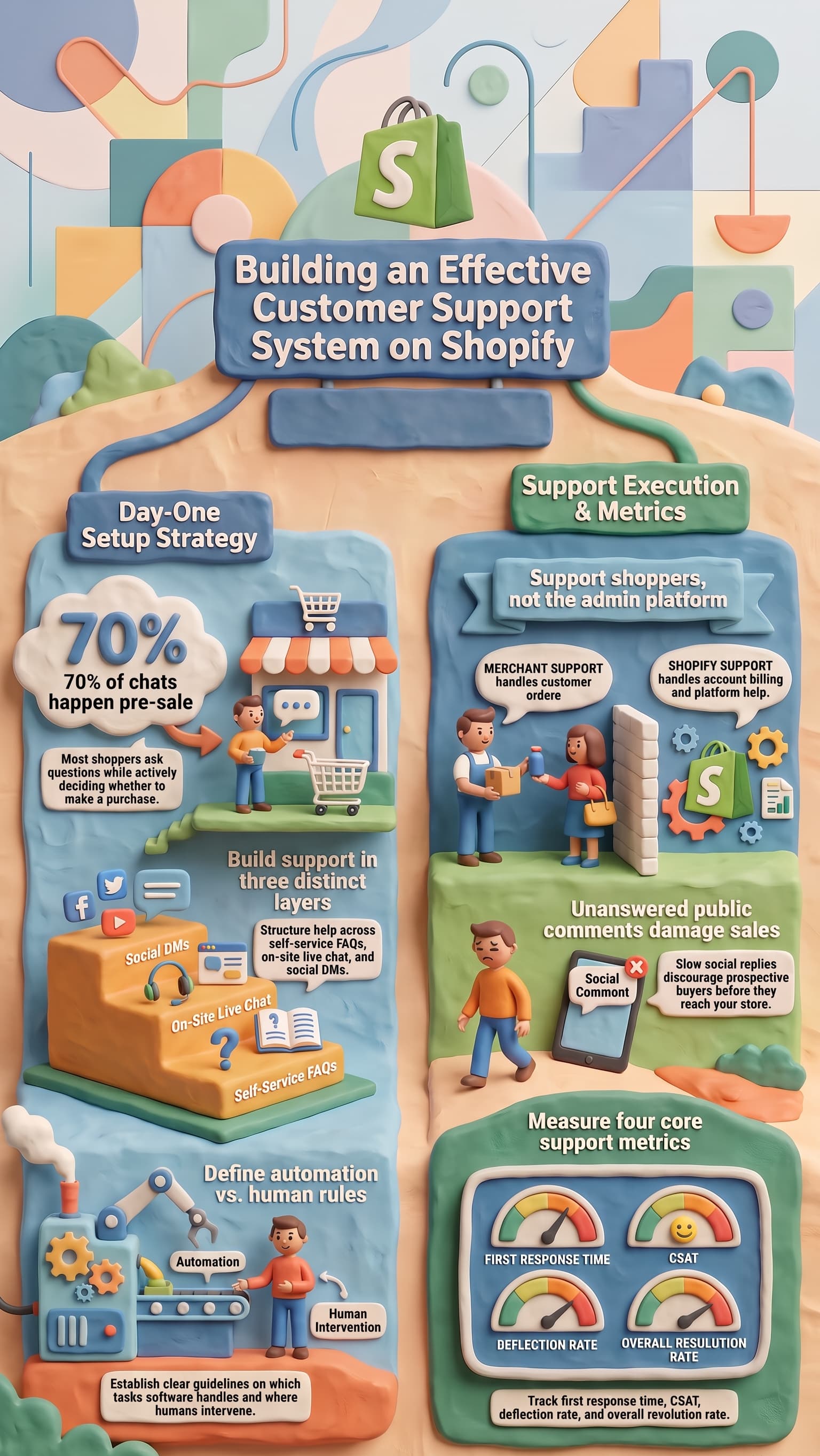 Infographic showing how to build an effective customer support system on Shopify, covering day-one setup, self-service FAQs, live chat, social DMs, automation rules, customer support responsibilities, and key metrics such as first response time, CSAT, deflection rate, and resolution rate.