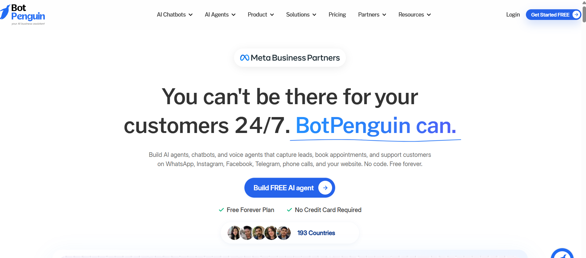 BotPenguin homepage screenshot with logo, navigation menu, and headline “You can't be there for your customers 24/7. BotPenguin can.” featuring a Meta Business Partners badge, “Build FREE AI agent” button, and text about AI chatbots for WhatsApp, Instagram, and other platforms.