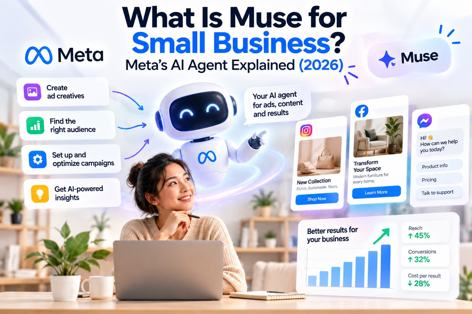 Meta Muse AI agent for small businesses, illustrating AI-powered ad creation, audience targeting, campaign optimization, automated messaging, and performance analytics in 2026.