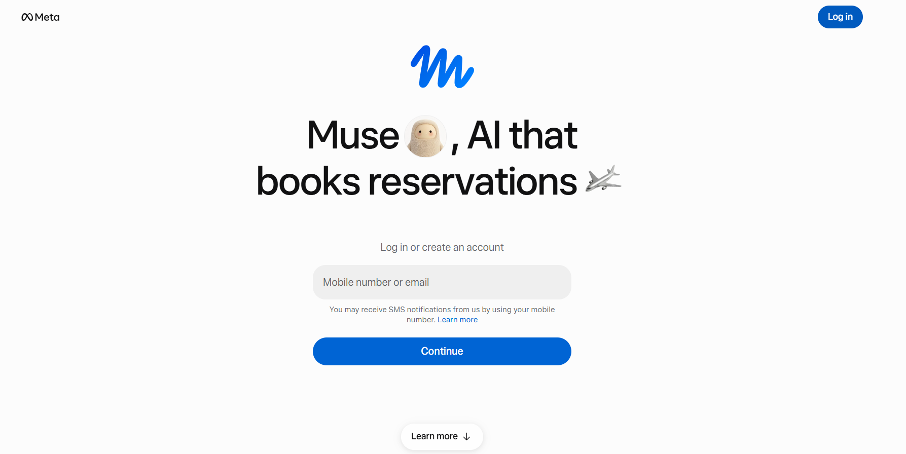 Meta Muse login page featuring the headline “Muse, AI that books reservations,” with a mobile number or email field and a Continue button.