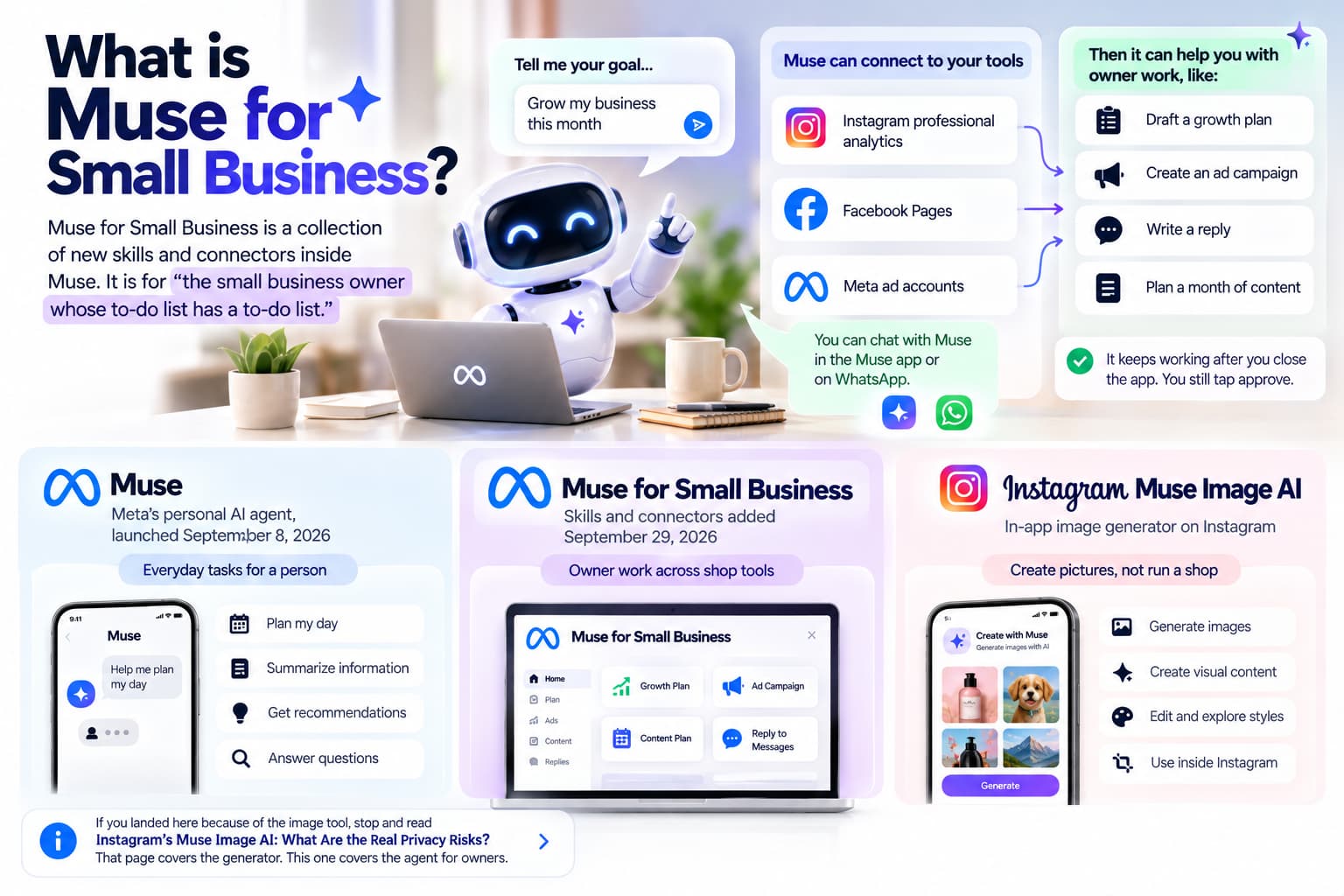 Muse for Small Business infographic explaining Meta’s AI agent, its Instagram, Facebook, and WhatsApp integrations, automated marketing tasks, growth planning, ad campaign creation, and comparison with Instagram Muse Image AI.