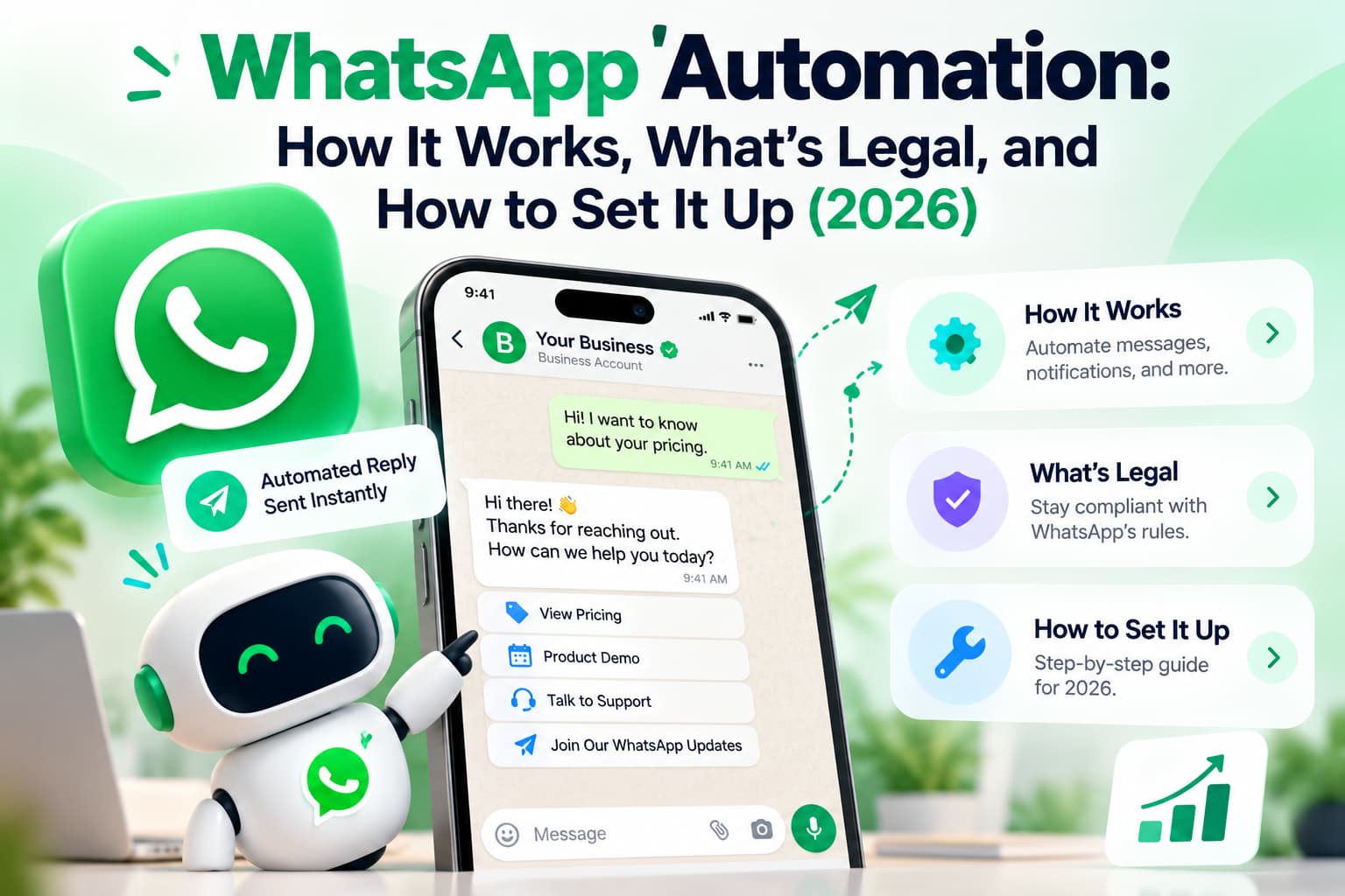 WhatsApp automation guide showing automated business messaging, chatbot replies, WhatsApp compliance, and setup steps for 2026.