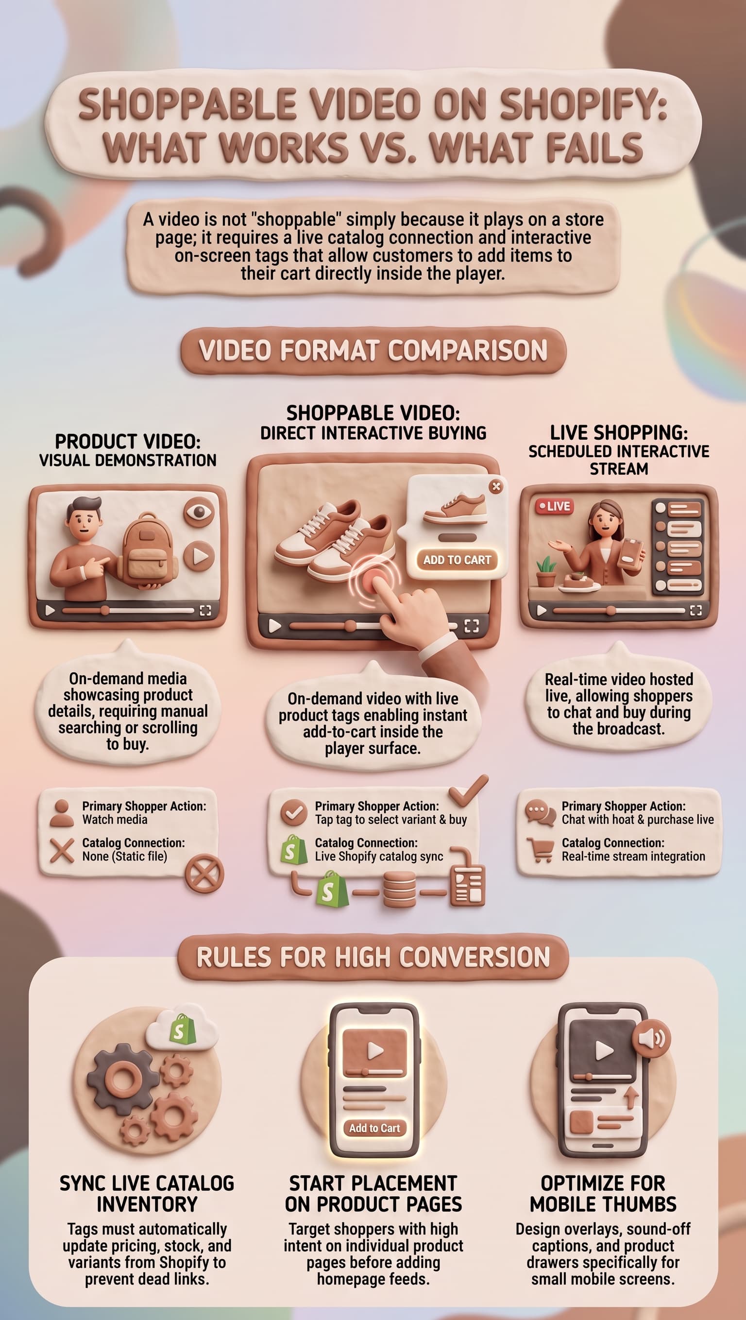 3D infographic comparing product videos, shoppable videos, and live shopping on Shopify, highlighting interactive product tags, live catalog synchronization, add-to-cart functionality, and mobile optimization tips for higher conversions.