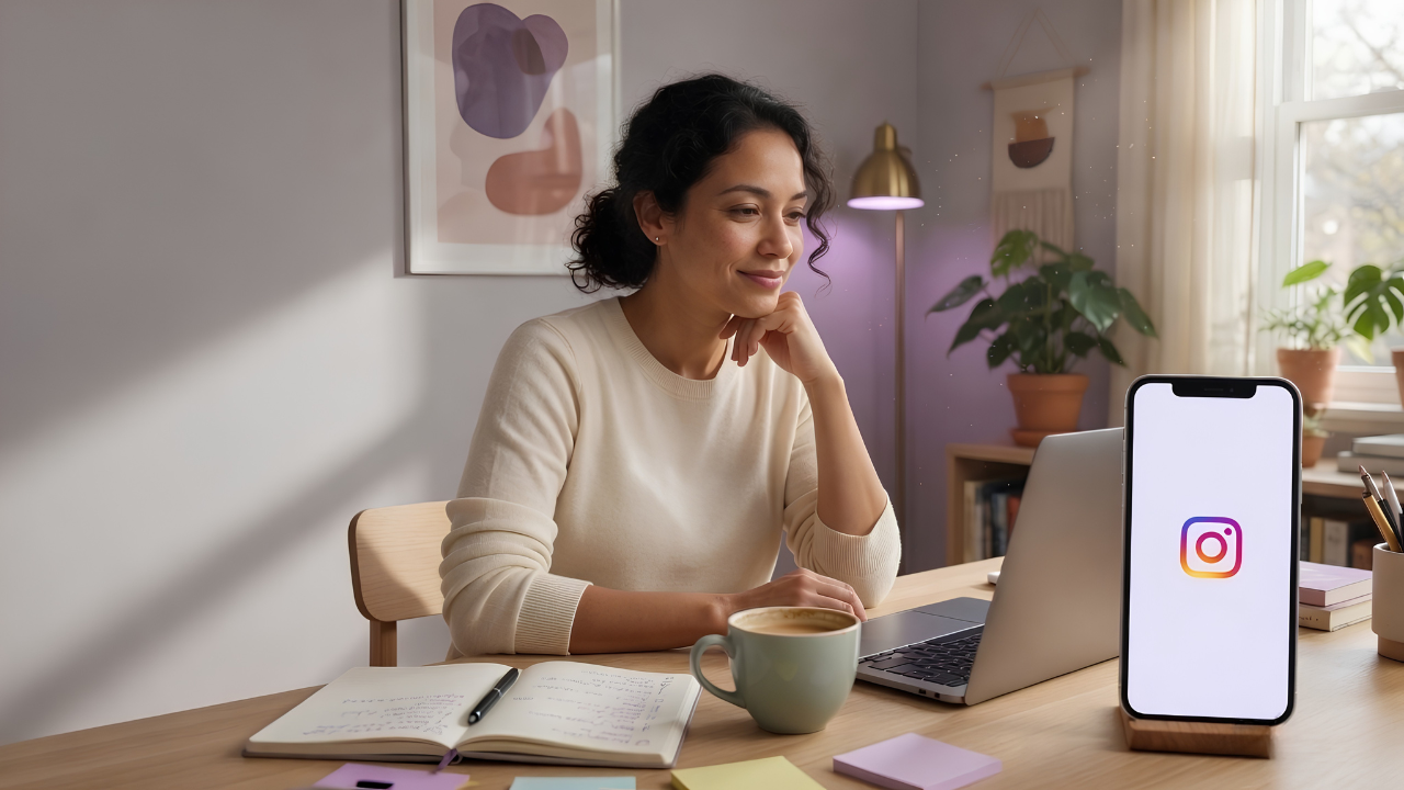 Business owner in chill working mode with Instagram open on their phone